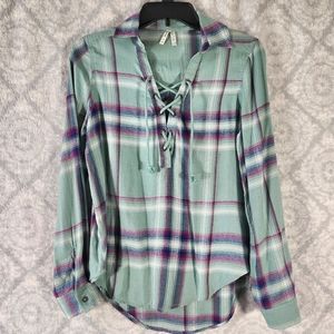 🔥Mudd Lace-Up Flannel Plaid Collar Top Green Purple Size XS